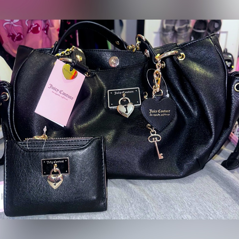 Juicy Couture black rolling on satchel & wallet set